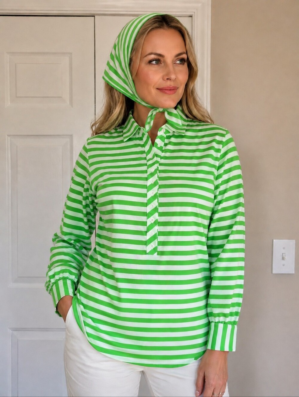 Vintage 70s Adelaar Green White Stripe Blouse Matching Head Scarf Mod Preppy 10